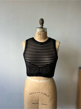 bebe Black Sheer Striped Crop Tank